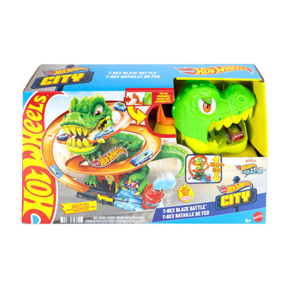 Hot Wheels City T-Rex Blaze Battle playset box. A fierce green T-Rex attacks toy cars on orange tracks