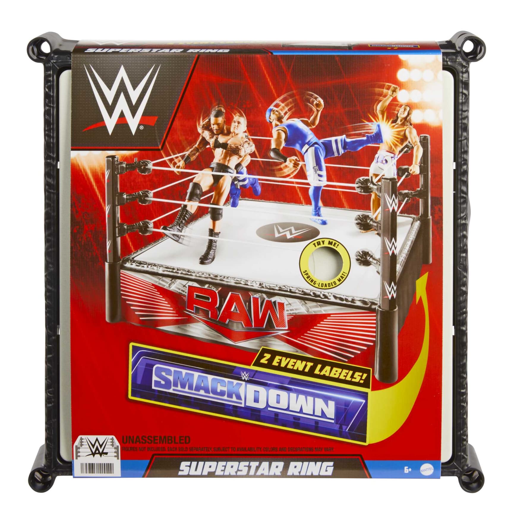 Packaging for a WWE Superstar Ring toy. Box shows diverse wrestling figures in action on a spring-loaded mat, with "RAW" and "SmackDown" logos