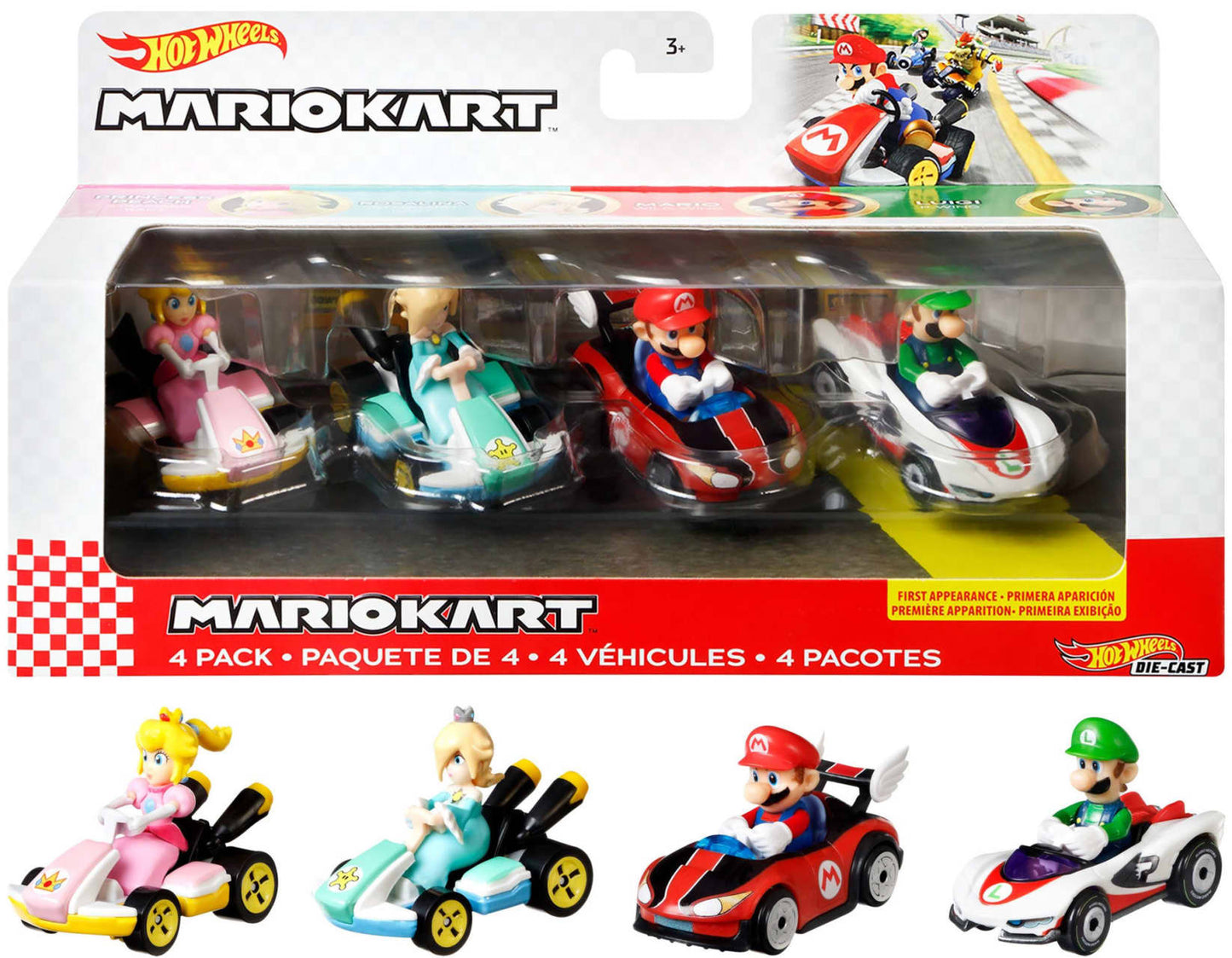 Hot Wheels Mario Kart 4-pack die-cast karts: Peach, Rosalina, Mario, and Luigi, displayed in box and unboxed
