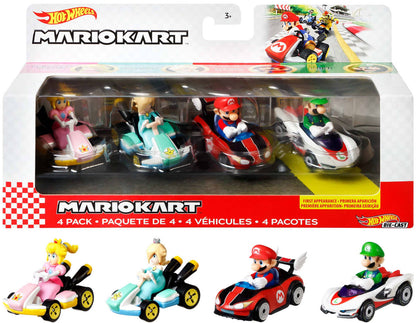 Hot Wheels Mario Kart 4-pack die-cast karts: Peach, Rosalina, Mario, and Luigi, displayed in box and unboxed