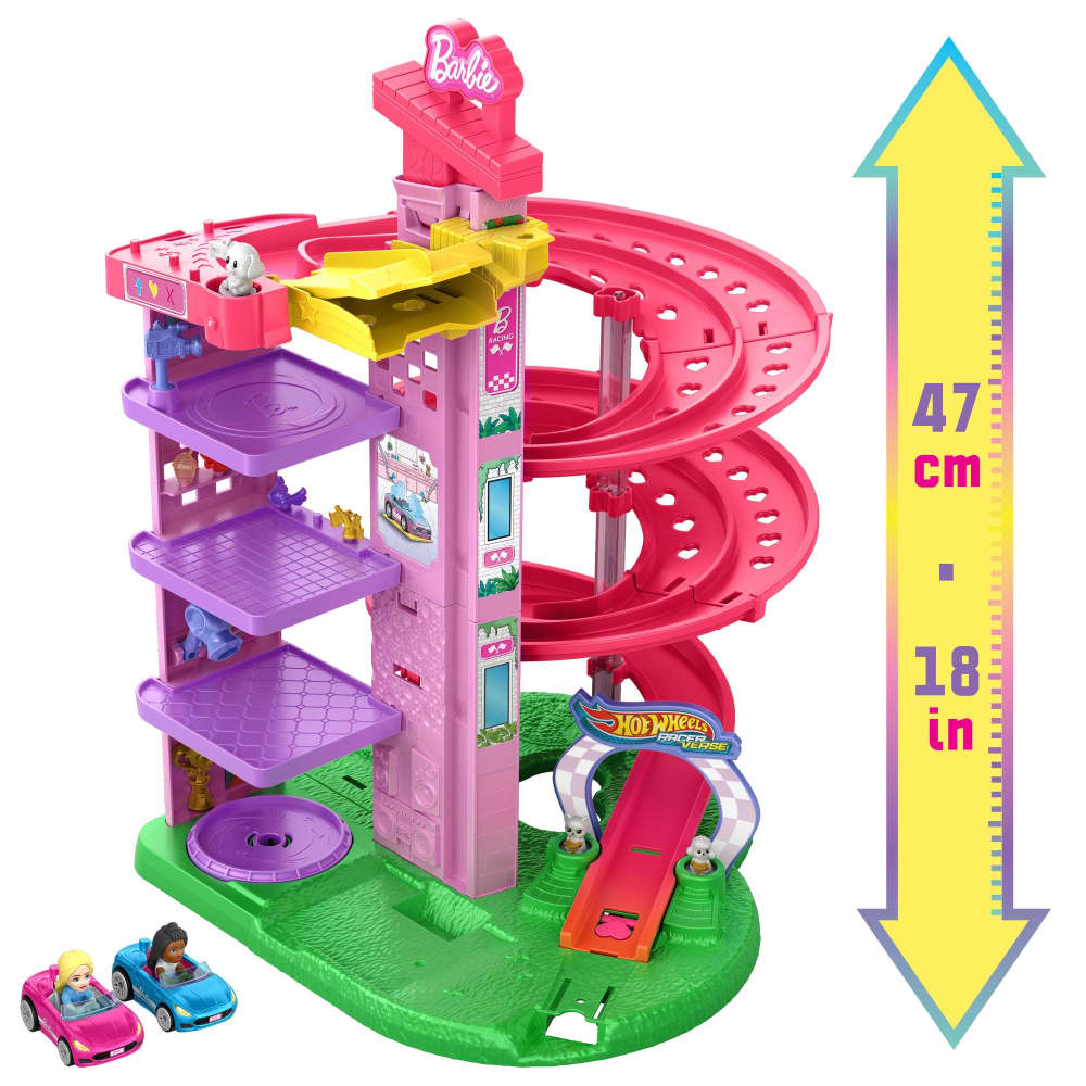 Pink Hot Wheels RacerVerse Barbie Spiral Race Track playset with spiral track, two cars, 18 inches tall