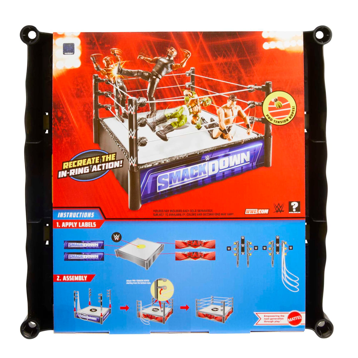 WWE SmackDown toy wrestling ring box. Top: figures in action. Bottom: assembly instructions