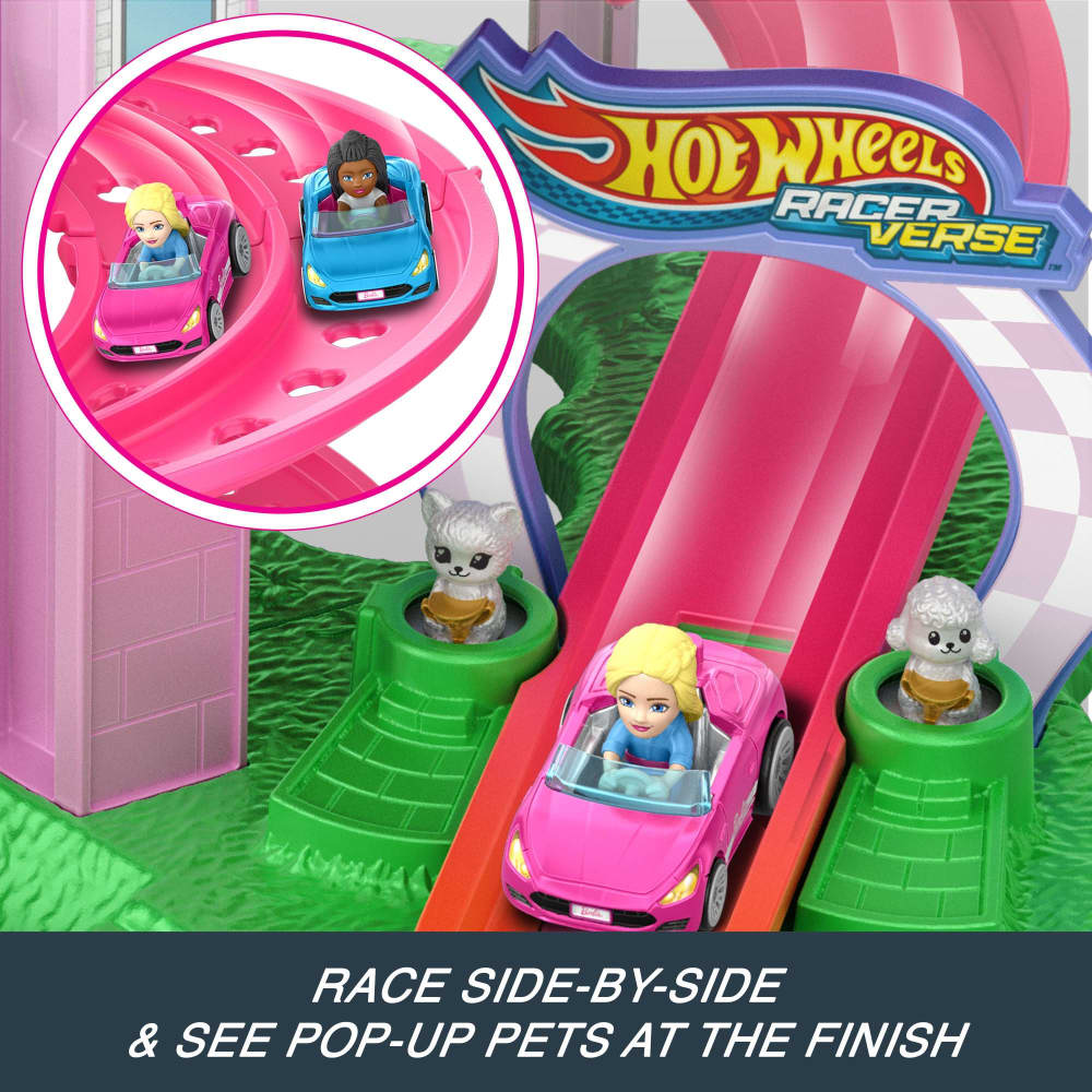 Hot Wheels RacerVerse track with two character figures in pink and blue cars racing towards pets emerging at the finish line