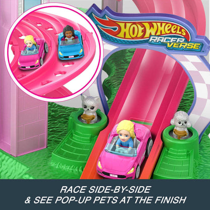Hot Wheels RacerVerse track with two character figures in pink and blue cars racing towards pets emerging at the finish line