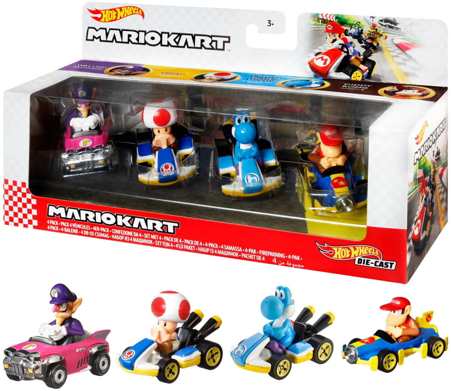 Hot Wheels Mario Kart 4-pack featuring Waluigi, Toad, Yoshi, and Donkey Kong die-cast karts in packaging