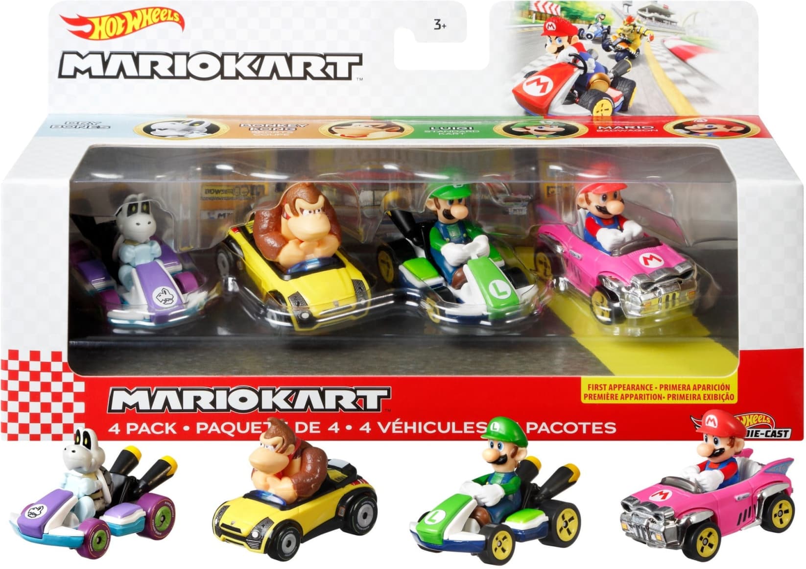 Hot Wheels Mario Kart 4-pack die-cast vehicles with Dry Bones, Donkey Kong, Luigi, and Mario