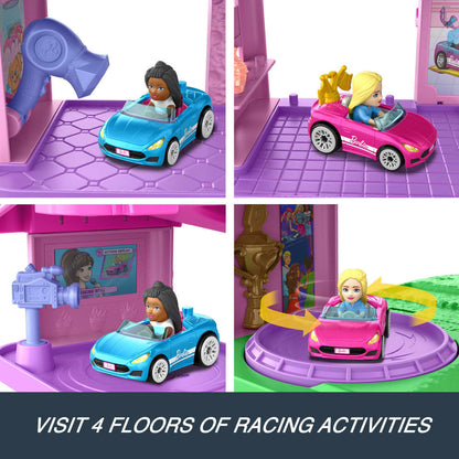 Four panels show Barbie dolls in pink and blue cars enjoying different racing-themed activities across a multi-story playset