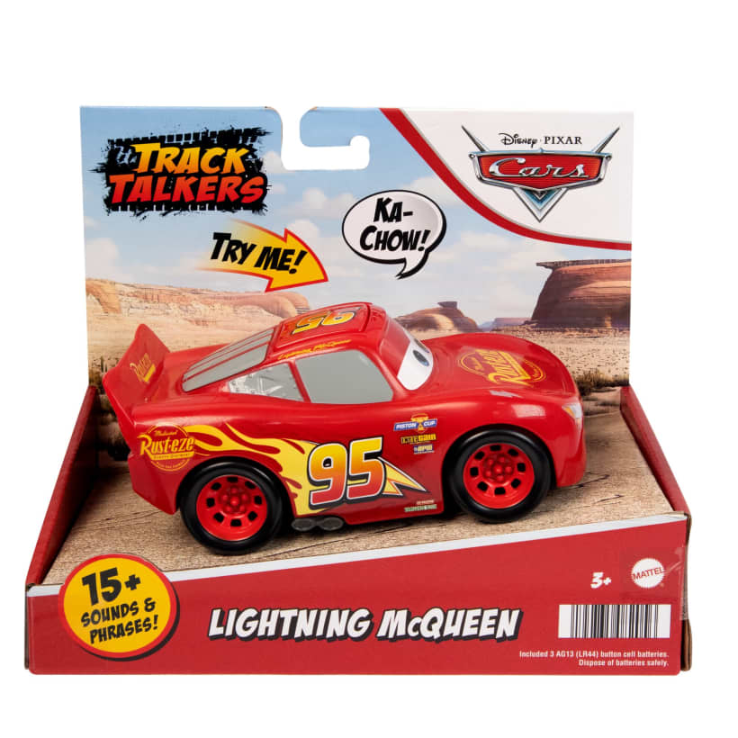 Red Lightning McQueen "Track Talkers" toy car in package, with "Try Me!", "Ka-Chow!", and "15+ Sounds & Phrases!" shown