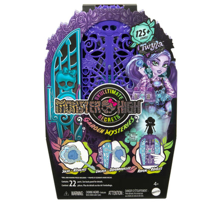 Monster High Skullette Secrets Garden Mysteries Twyla doll playset, features purple and teal gothic gate packaging, the Twyla doll, and "Solve, Unlock, Reveal" mystery elements