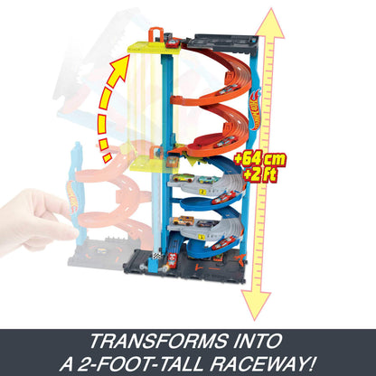 Hot Wheels Transforming Race Tower playset transforming into a 2-foot tall raceway with cars on tracks