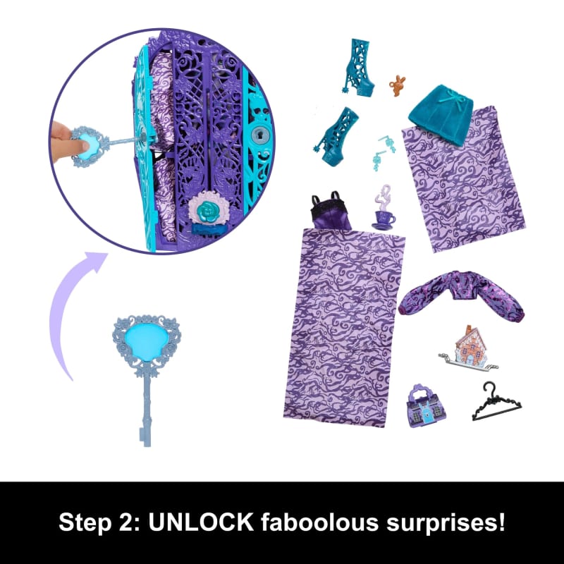 Hand unlocking an ornate purple & teal toy locker with a key, revealing doll accessories: outfits, shoes, bag, charms, & a teacup