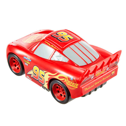Red Lightning McQueen race car with number 95, yellow flames, and a spoiler, seen from the back-right