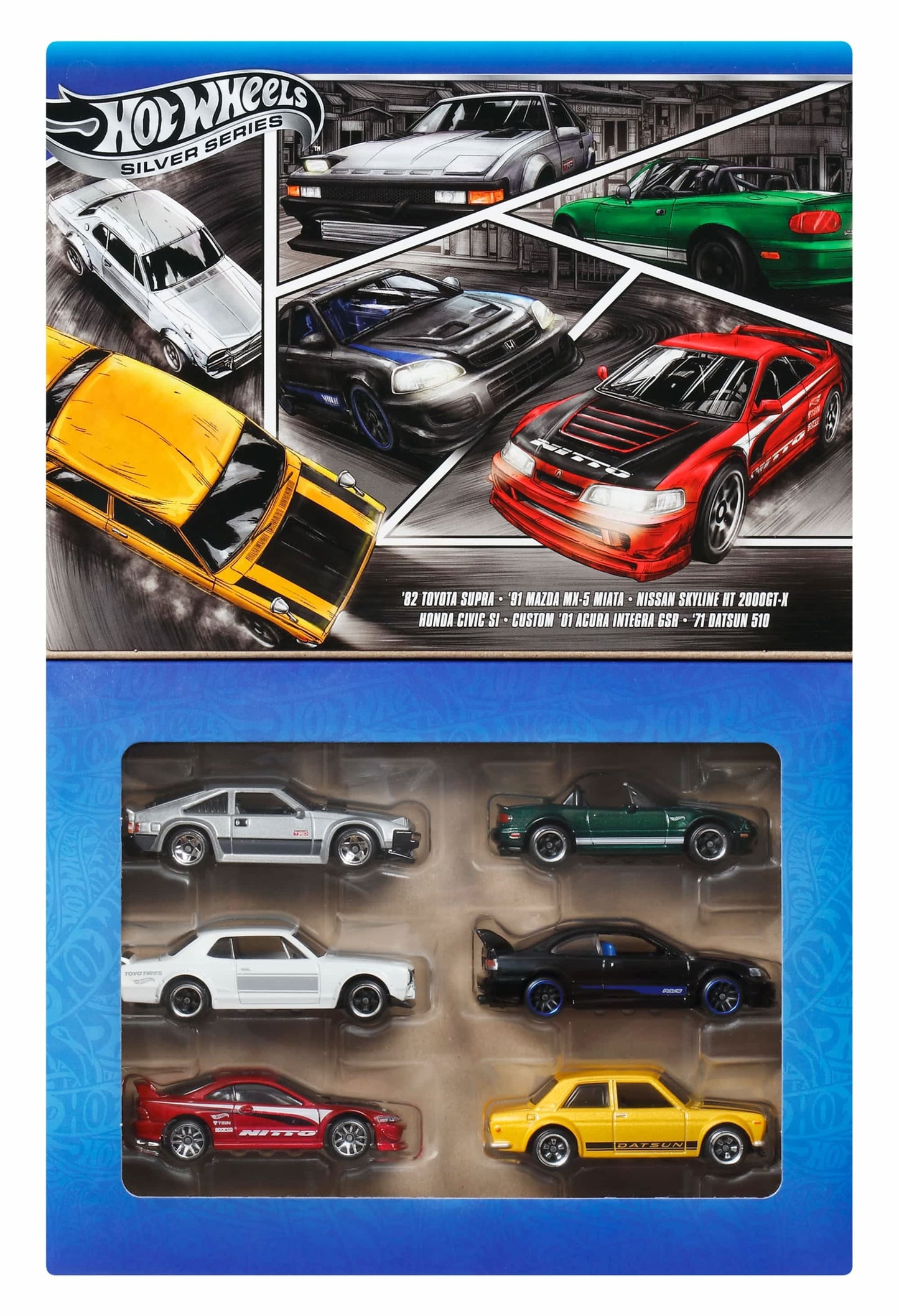 The Hot Wheels Core Streets of Japan Car Multipack displays an illustration of six Japanese sports cars above the actual die-cast versions in their package