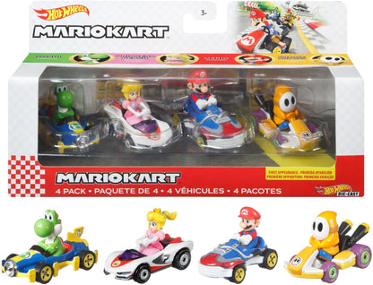 Hot Wheels Mario Kart 4-pack featuring die-cast vehicles of Yoshi, Peach, Mario, and Shy Guy, shown in and out of box