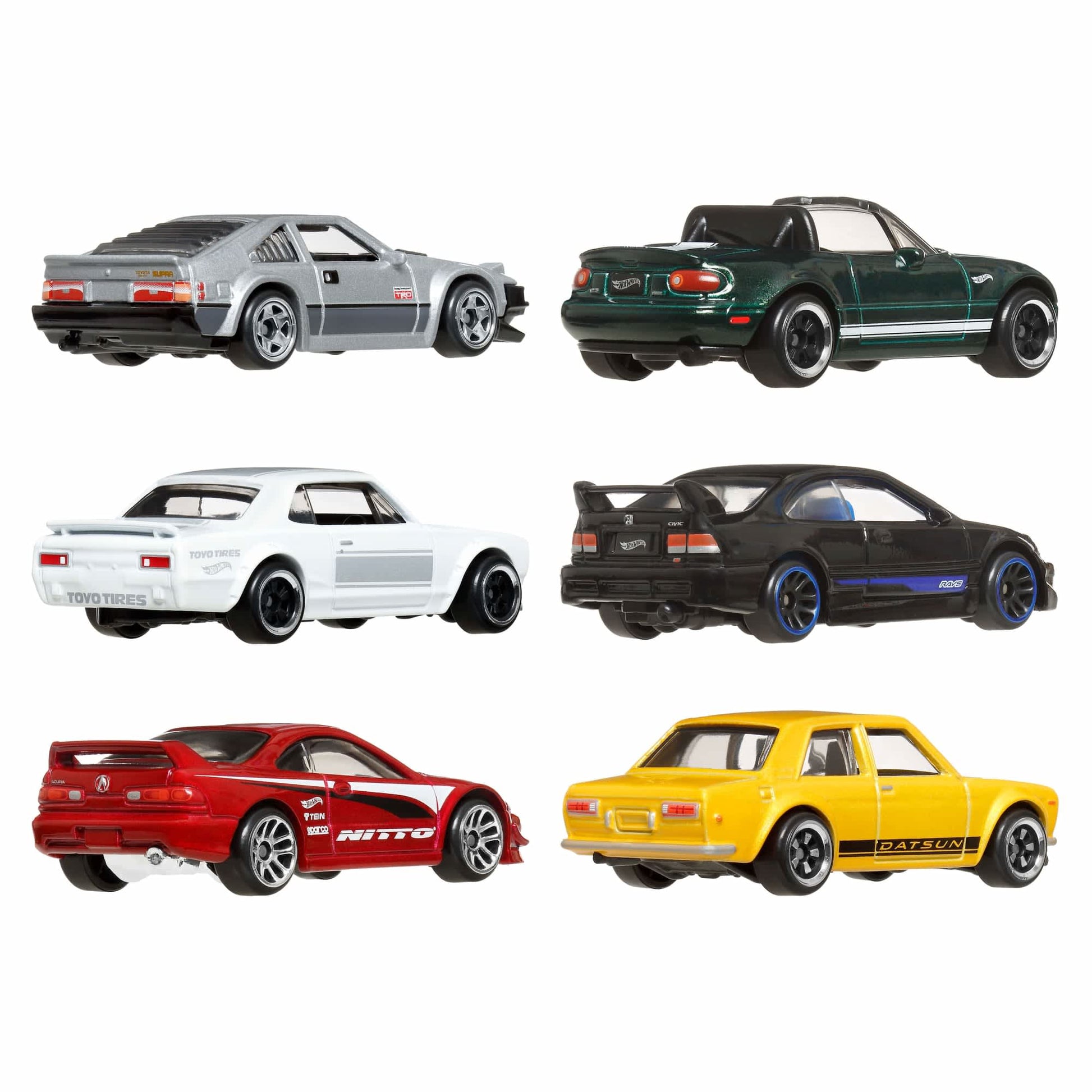A multipack of six toy cars including a silver coupe, a green convertible, a black coupe, a white coupe, a red coupe, and a yellow sedan