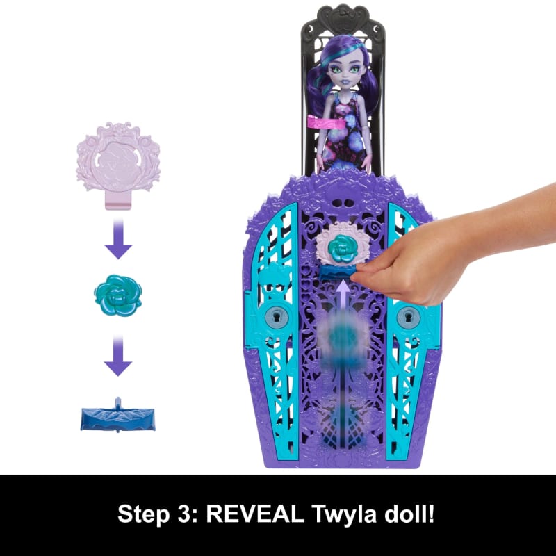 Hand revealing Monster High Twyla doll in a purple & teal playset by operating a rose mechanism, left side shows transformation from emblem to rose and base
