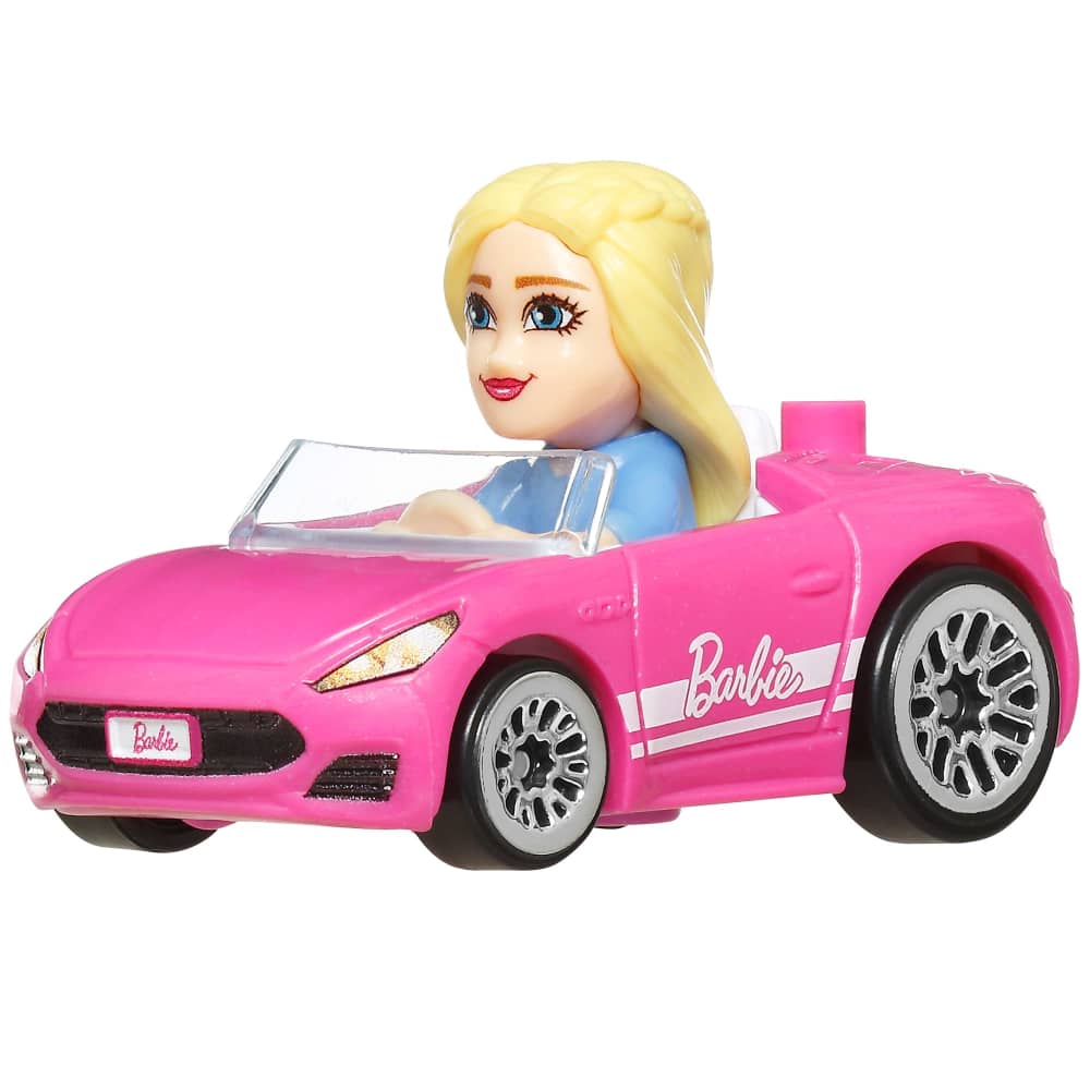 Blonde Barbie mini-doll in blue drives a pink convertible toy car with Barbie logos on the side and front
