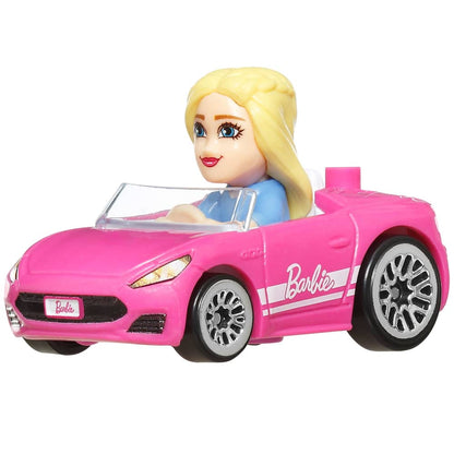 Blonde Barbie mini-doll in blue drives a pink convertible toy car with Barbie logos on the side and front