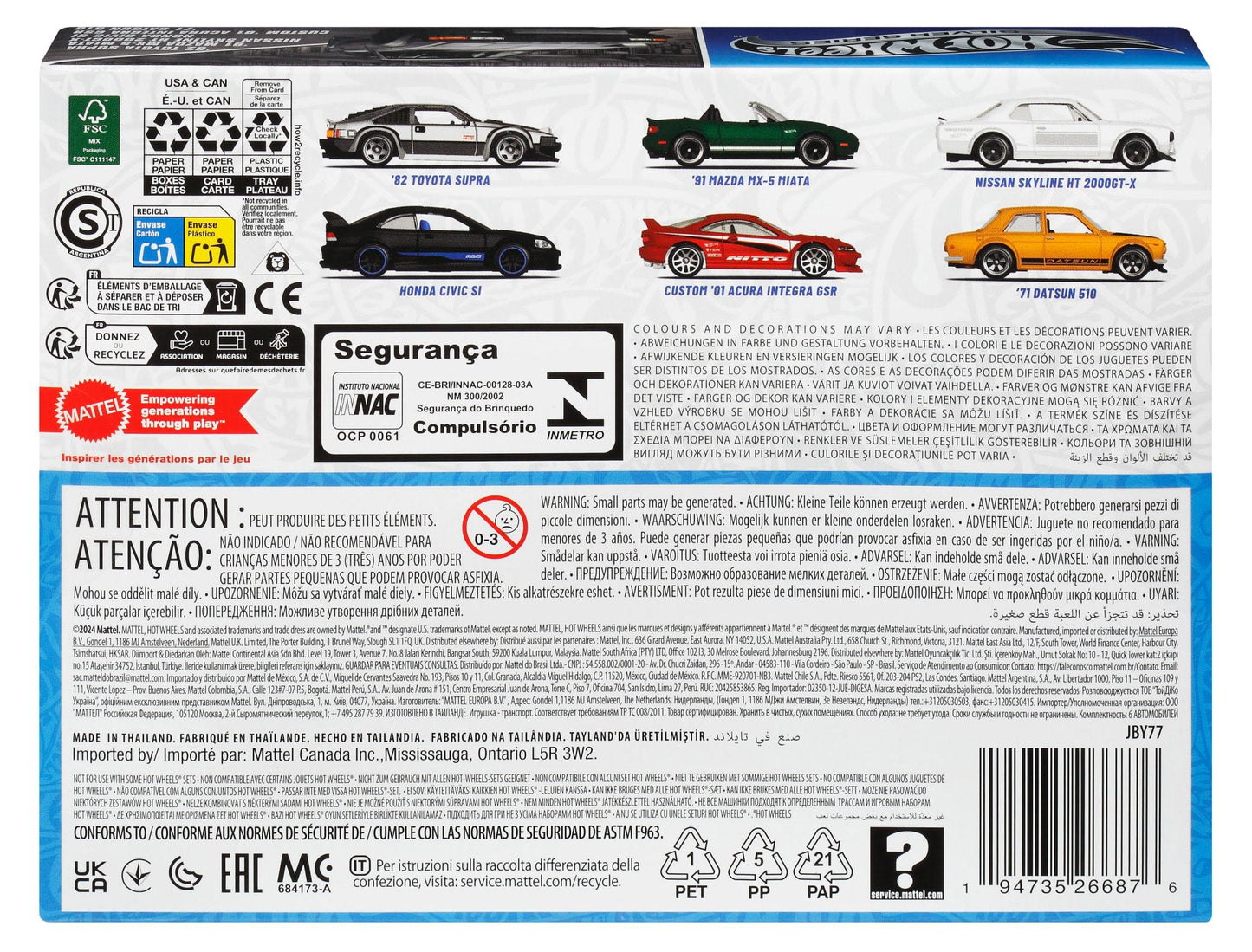 Packaging for the Hot Wheels Core Streets of Japan Car Multipack featuring six detailed miniature cars of various models and colors on the front, with product information below