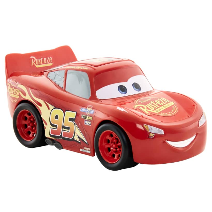 Red Lightning McQueen toy car with #95, yellow flames, and a smiling face