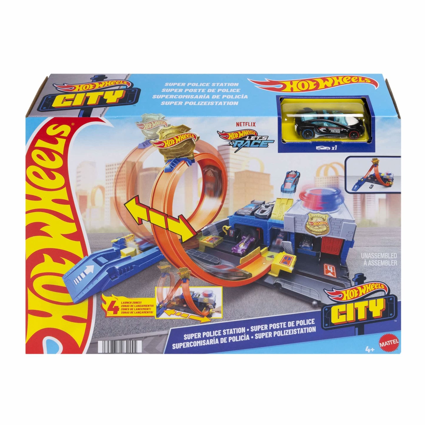 Box for Hot Wheels City Super Police Station Tracks and Playsets featuring a police station, an orange loop track, a blue launcher, and a black toy police car