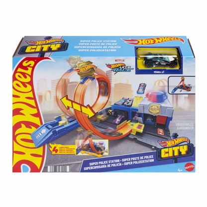 Box for Hot Wheels City Super Police Station Tracks and Playsets featuring a police station, an orange loop track, a blue launcher, and a black toy police car