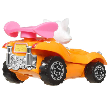 Orange toy car with a pink bow spoiler, chrome engine, and large wheels, featuring a white cat driver