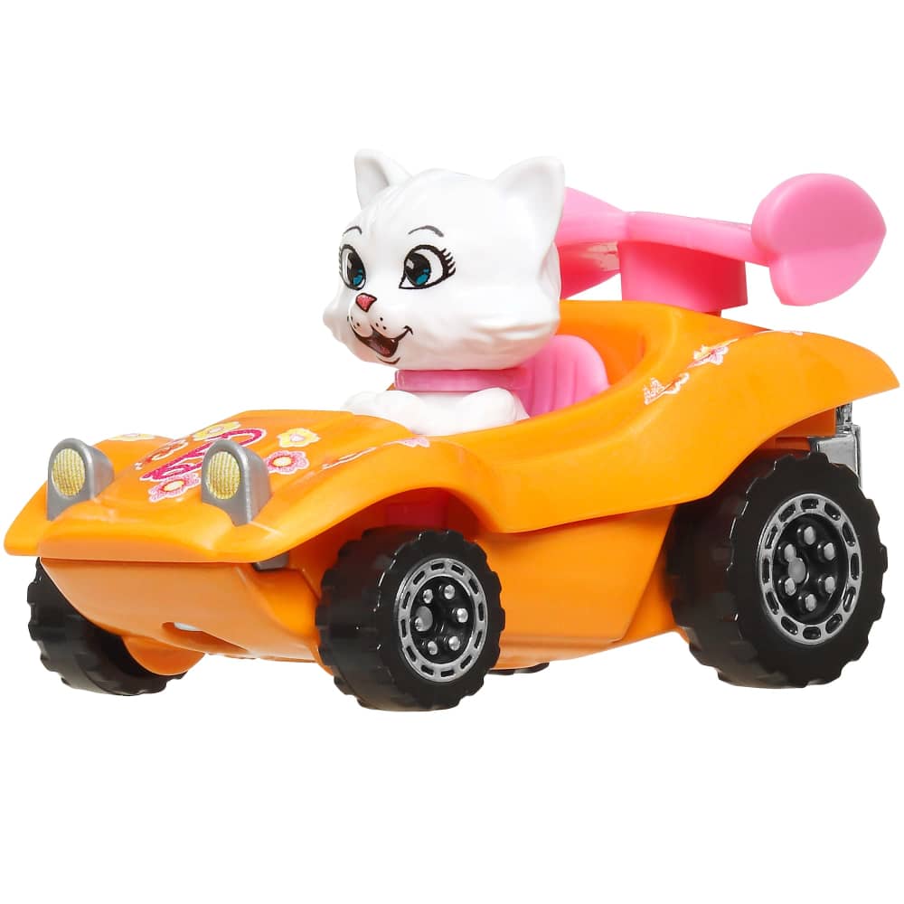 White cat toy driving an orange buggy with pink seat, spoiler, and floral decor