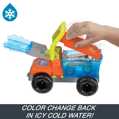 Hand fills clear blue water tank on an orange toy truck with a blue saw and cold water icon, demonstrating a color-change feature