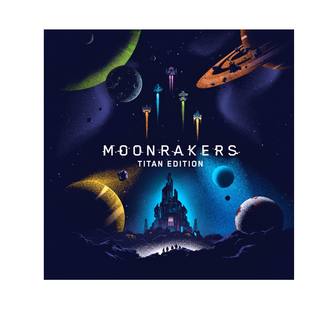 Cover art for "Moonrakers: Titan Edition." Spaceships launch from a futuristic citadel base on a dark planet under colourful moons