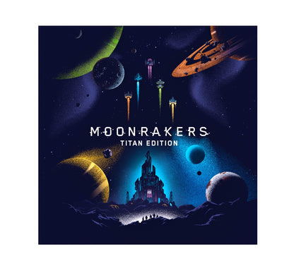 Cover art for "Moonrakers: Titan Edition." Spaceships launch from a futuristic citadel base on a dark planet under colourful moons