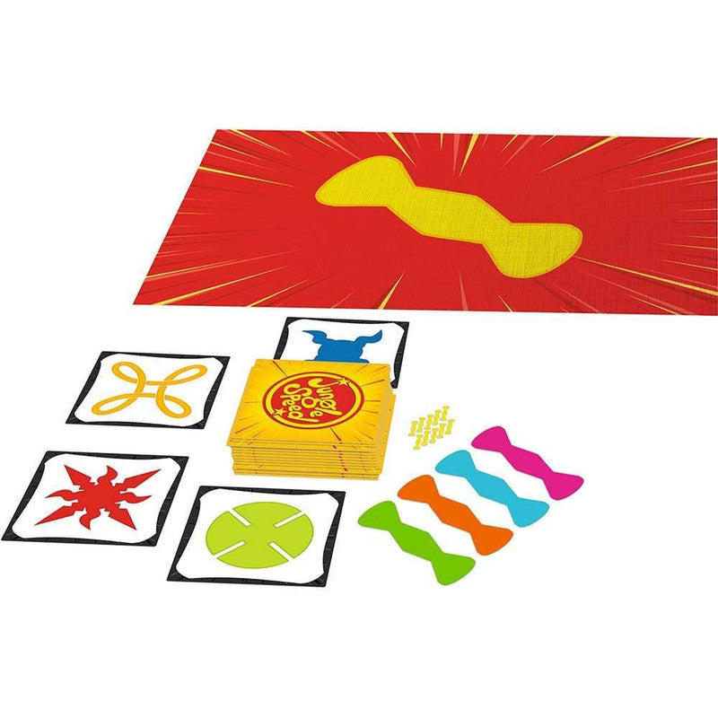 Close-up of Jungle Speed Giant colorful tribal pattern cards with wooden totem