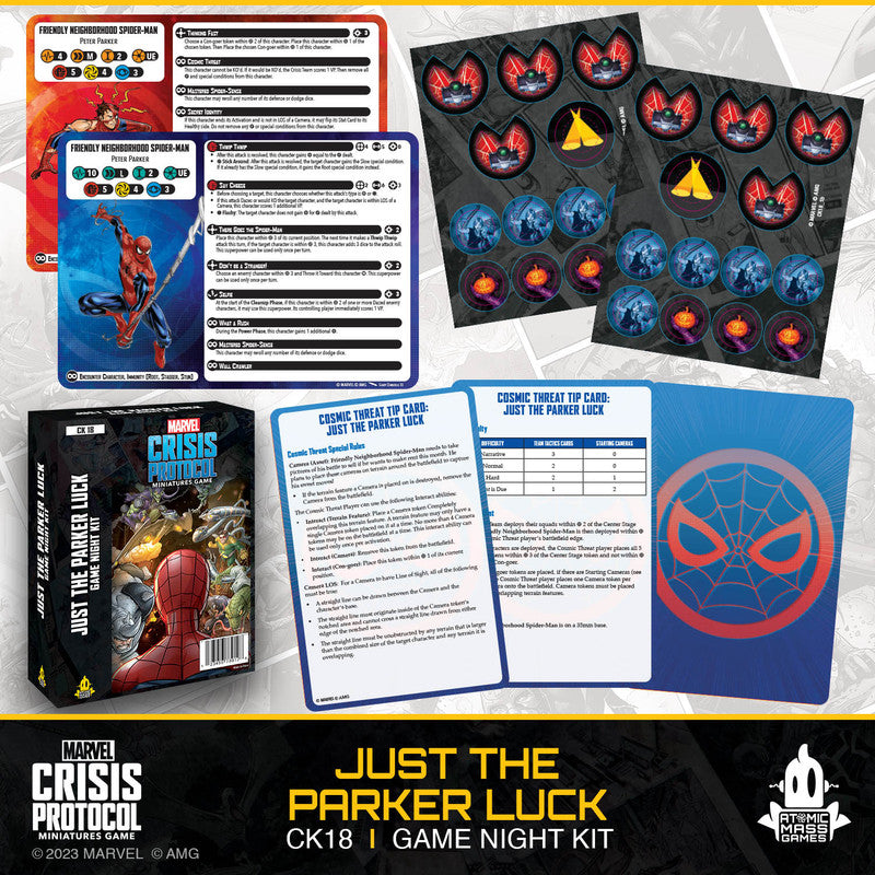 Marvel Crisis Protocol Just the Parker Luck Game Night Kit with Spider-Man character cards tokens and a card deck