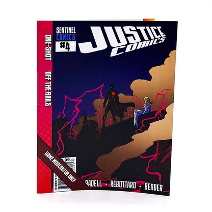 Justice Comics #4 cover: Dark cloaked figure with red chest glow stands over blonde woman in blue. Pink lightning on rocky terrain