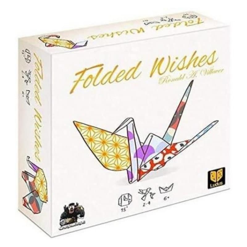 White game box for "Folded Wishes" featuring a colorful, multi-patterned origami crane.