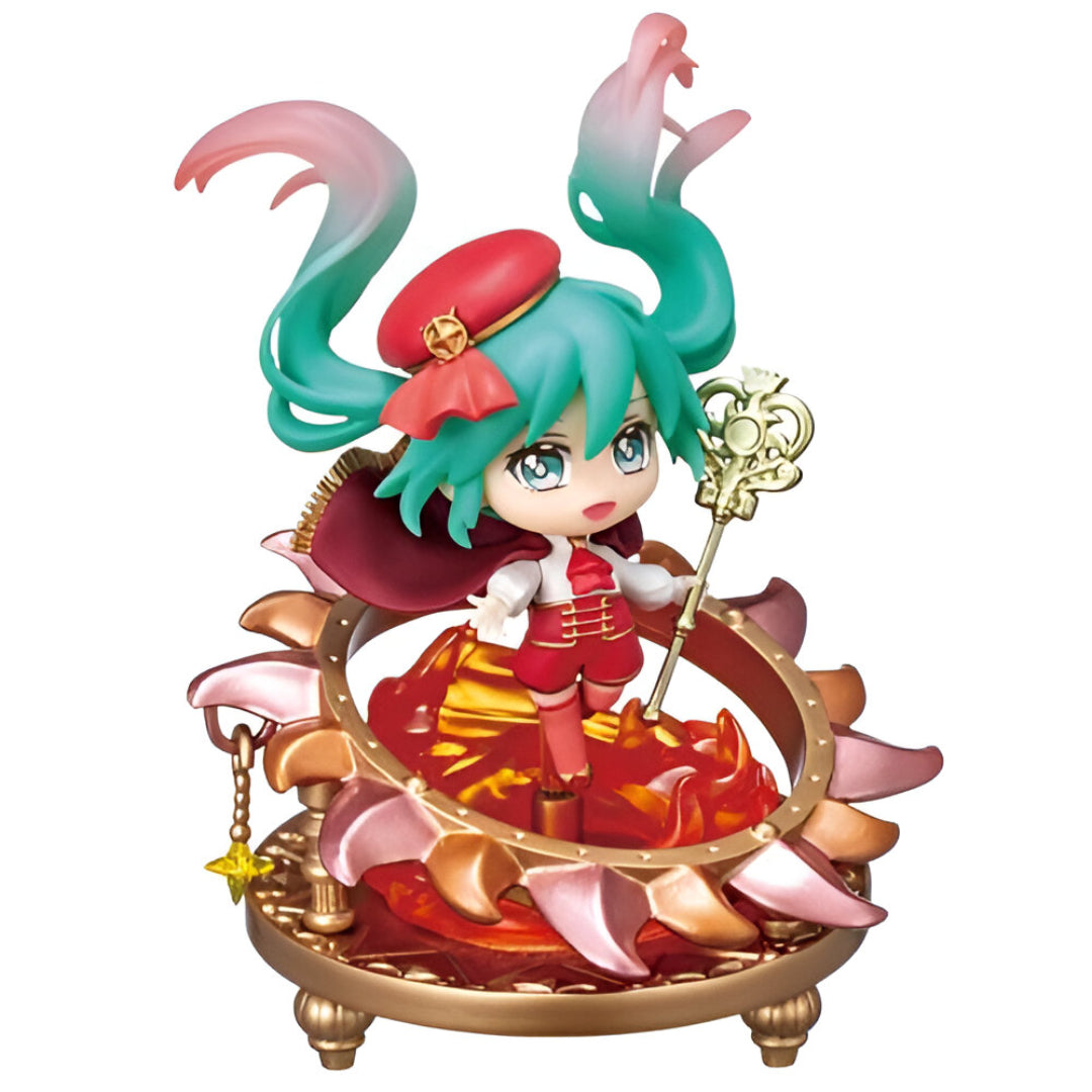 Chibi Hatsune Miku figure in a red uniform and beret, holding a golden key scepter, standing on an ornate clockwork base