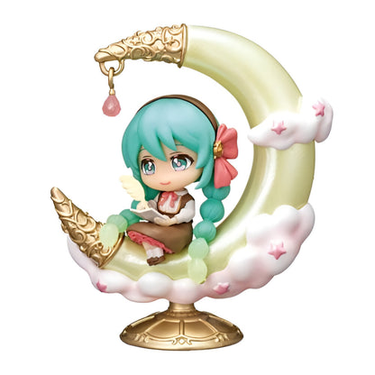 Chibi figure with teal pigtails sitting on a gilded crescent moon stand, writing with a quill