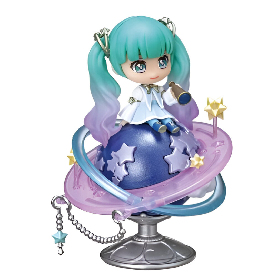 Chibi figure with teal pigtails sitting on a blue planet, observing through a small telescope