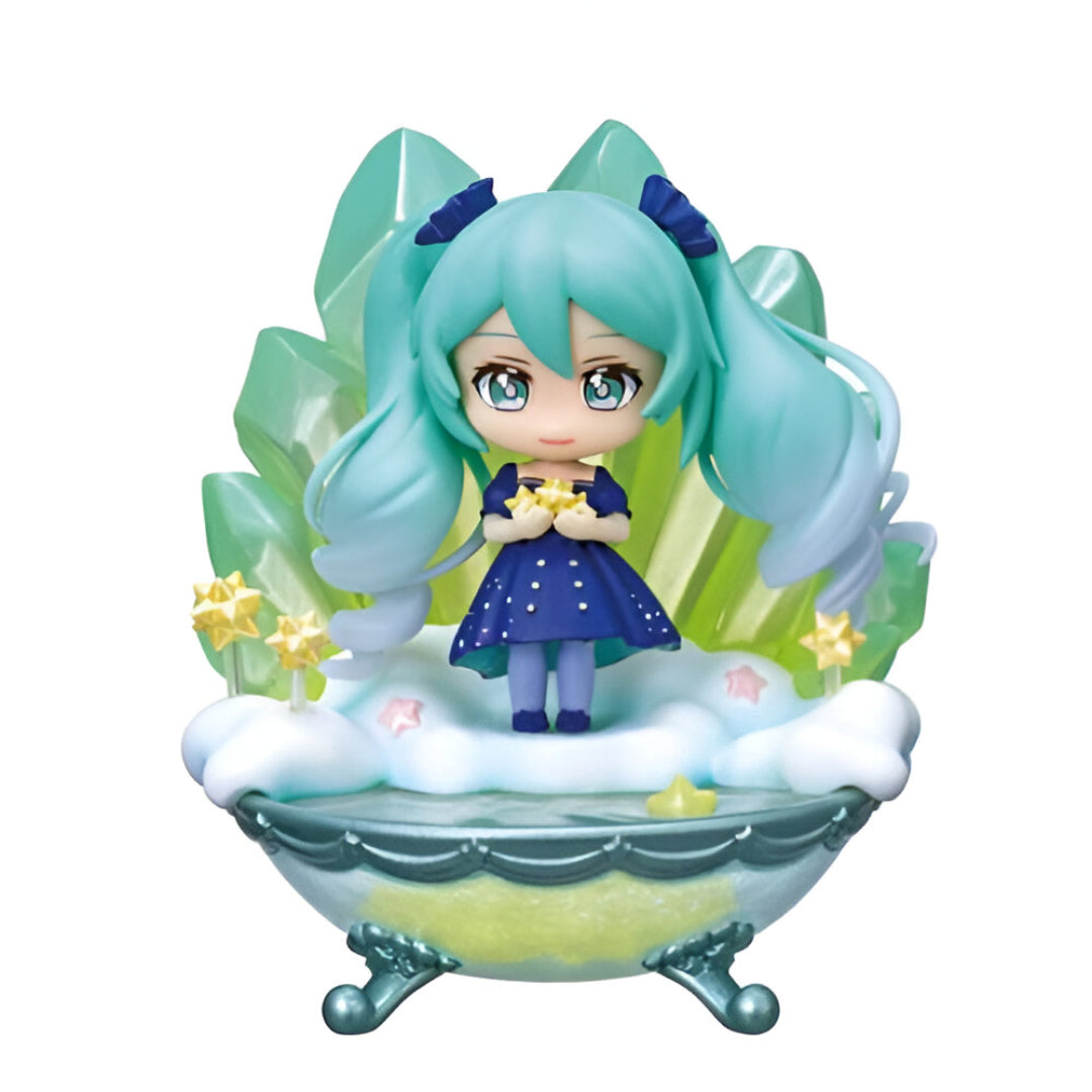 Hatsune Miku figure holding stars on a cloud platform inside a tub, framed by large teal crystals