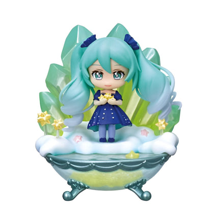 Hatsune Miku figure holding stars on a cloud platform inside a tub, framed by large teal crystals