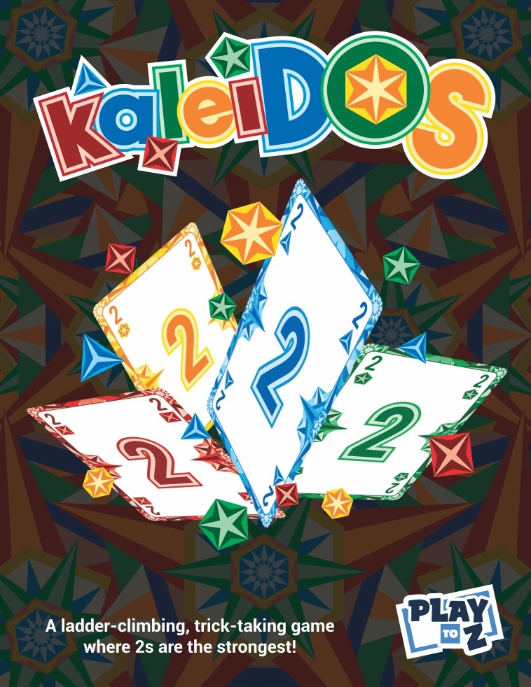 KaleiDOS game cover: Colorful title, four different colored &#39;2&#39; playing cards, geometric background