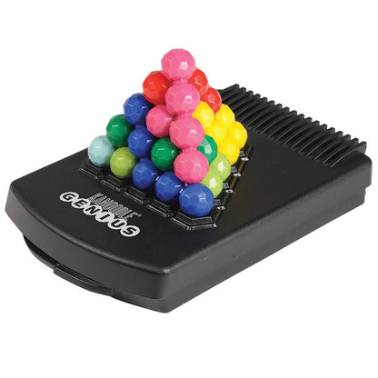 Kanoodle Genius puzzle game showing colourful beaded pieces stacked on the black board