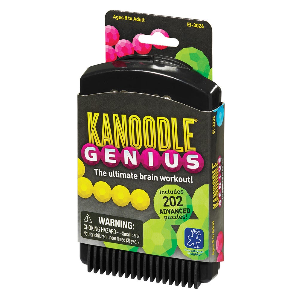 Kanoodle Genius brain puzzle game in its black retail packaging, showing the colourful polyomino pieces