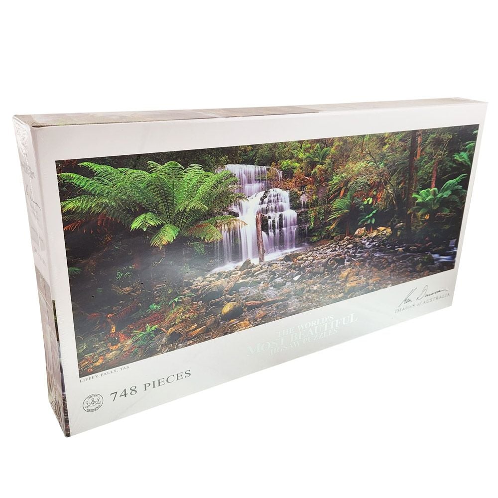 748-piece puzzle box showing Liffey Falls, Tasmania: a multi-tiered waterfall surrounded by ferns