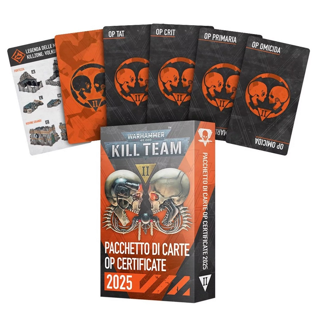 Warhammer 40K Kill Team II Op Certificate 2025 Card Pack (Italian box with facing skulls) and fanned game cards