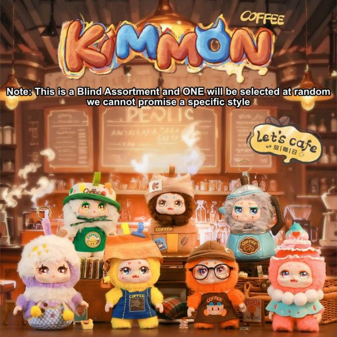 Seven fuzzy Kimmon collectible figures in various coffee-themed costumes, set in a cafe