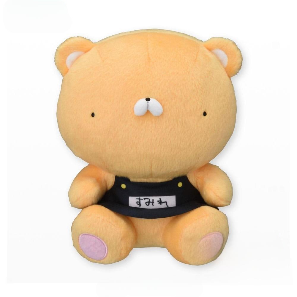 Front view of a plush bear with light purple fur, wearing a dark purple school uniform with a red bow and yellow buttons