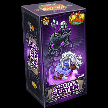 Kingdom Rush Dark Elf Slayer Expansion board game box showing stylized dark elf character art on a purple background