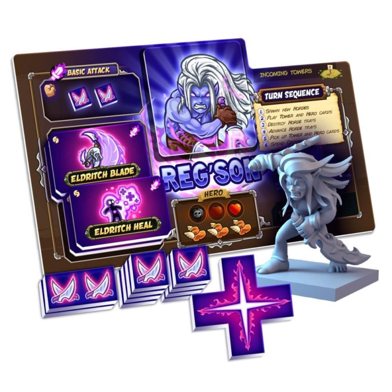 Reg&#39;Son hero board game piece with tokens and cards featuring eldritch blade and heal abilities incoming towers and turn sequence