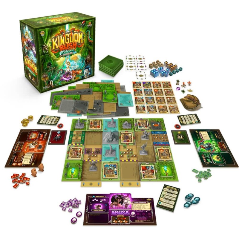 Kingdom Rush: Elemental Uprising game components including cards and tokens displayed for 1-4 players